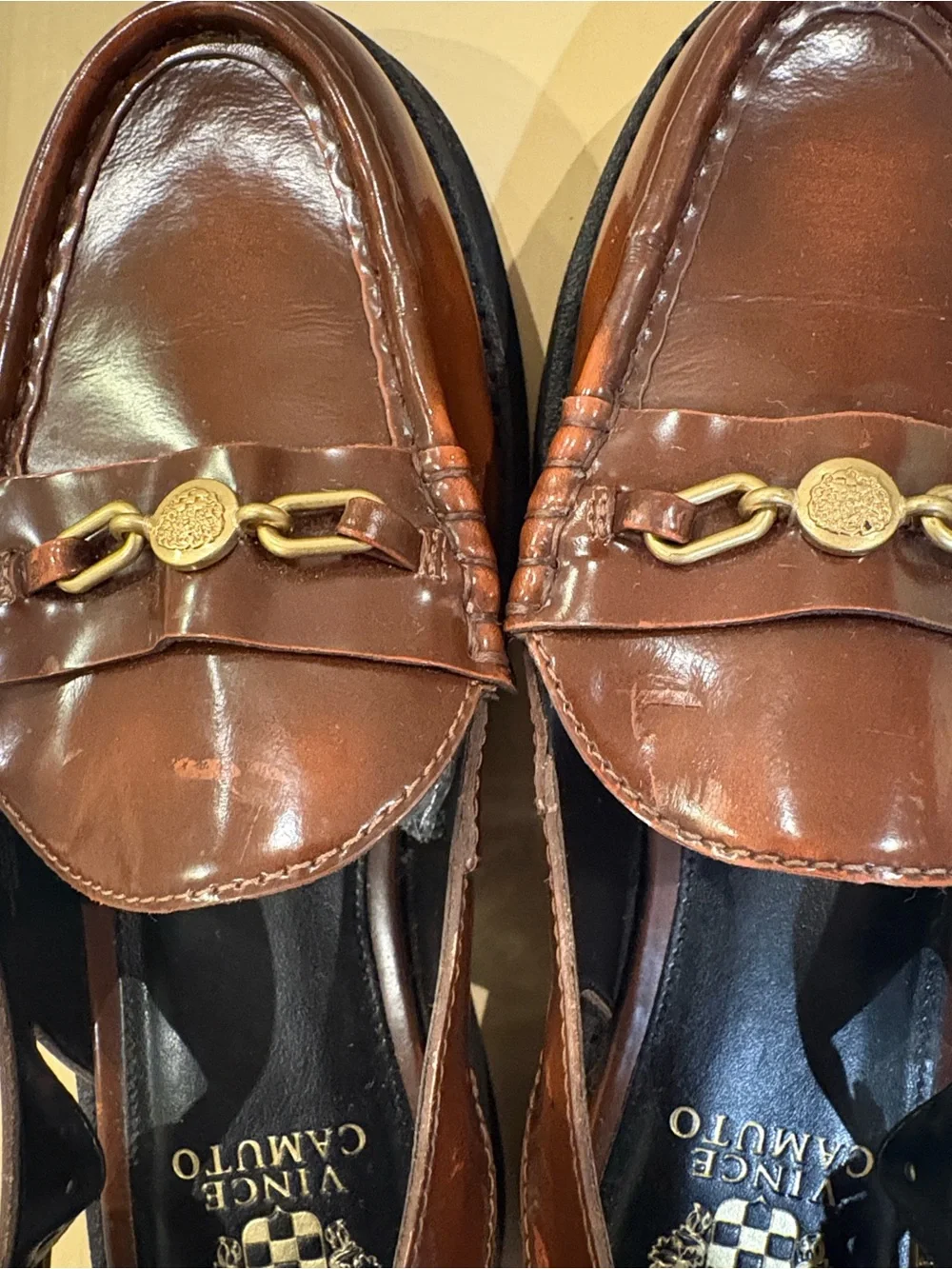 Vince Camuto Men's Brown Leather Loafer with Gold Chain Accent